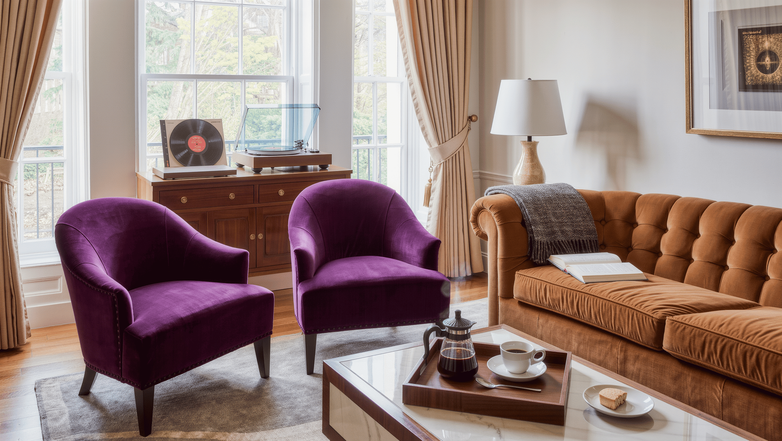 A formal living room in everyday use, with a coffee tray mid-pour, an open novel on the sofa arm, and a record player on the credenza.
