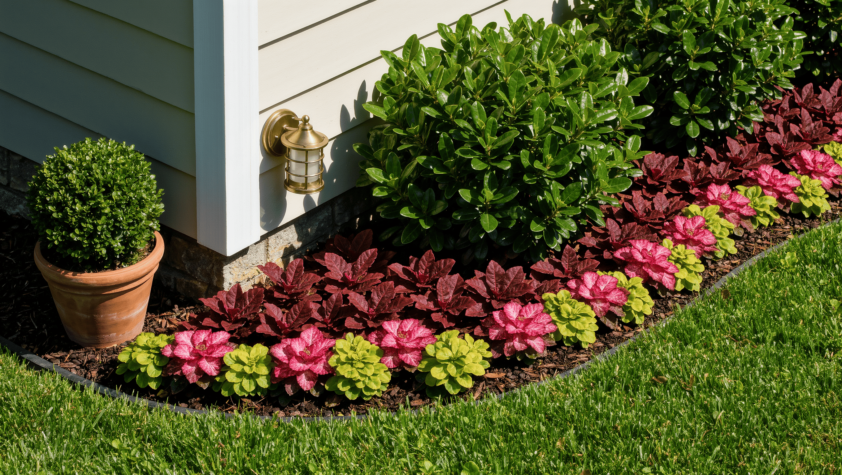 Layered flowering shrubs and groundcover create a graduated planted edge between a house facade and lawn, making the exterior planting part of the view from inside.