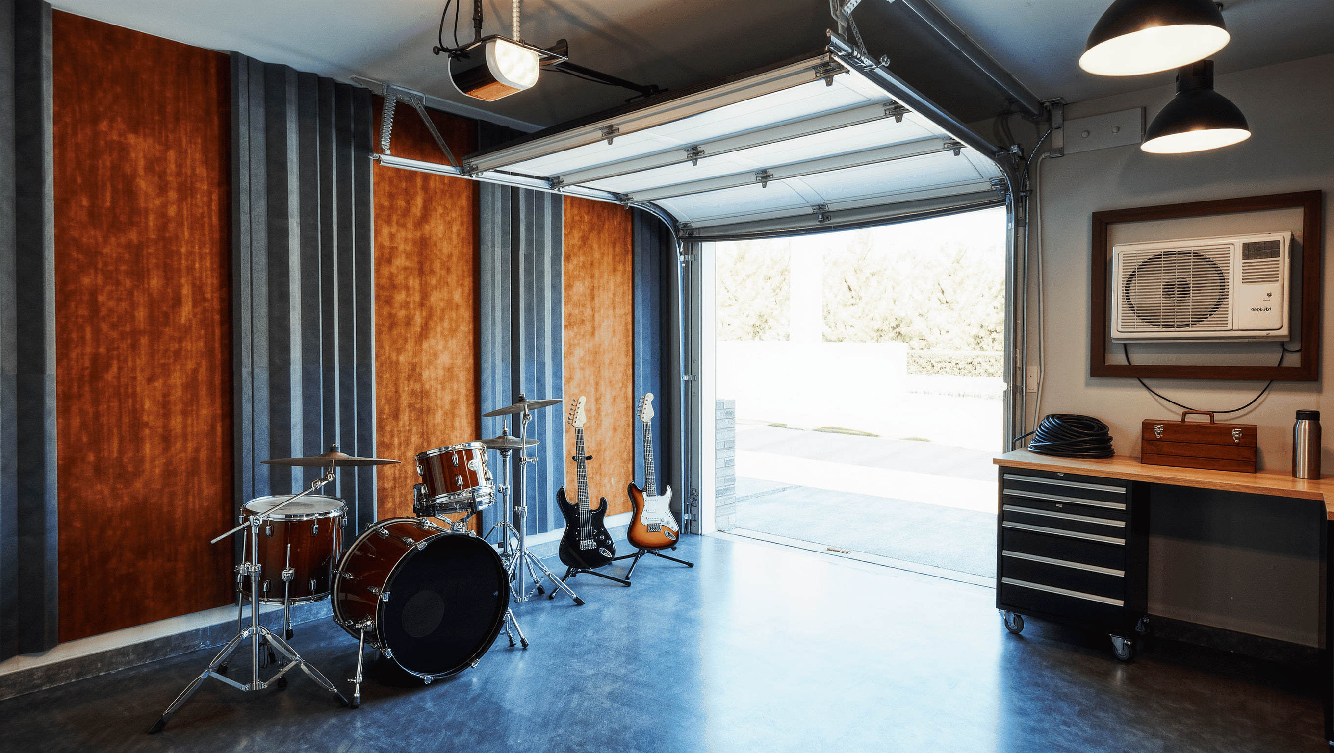 A garage converted to a music room with acoustic panels, a drum kit, guitars on stands, and daylight pouring through the open roll-up door.