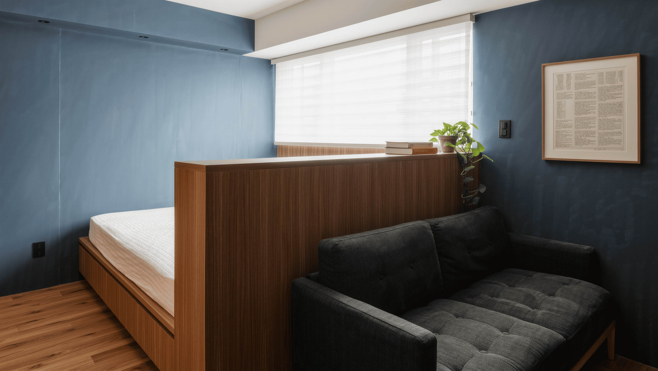 Studio room zoned by a chest-height storage divider between the bed and a small sofa, with daylight passing over the top