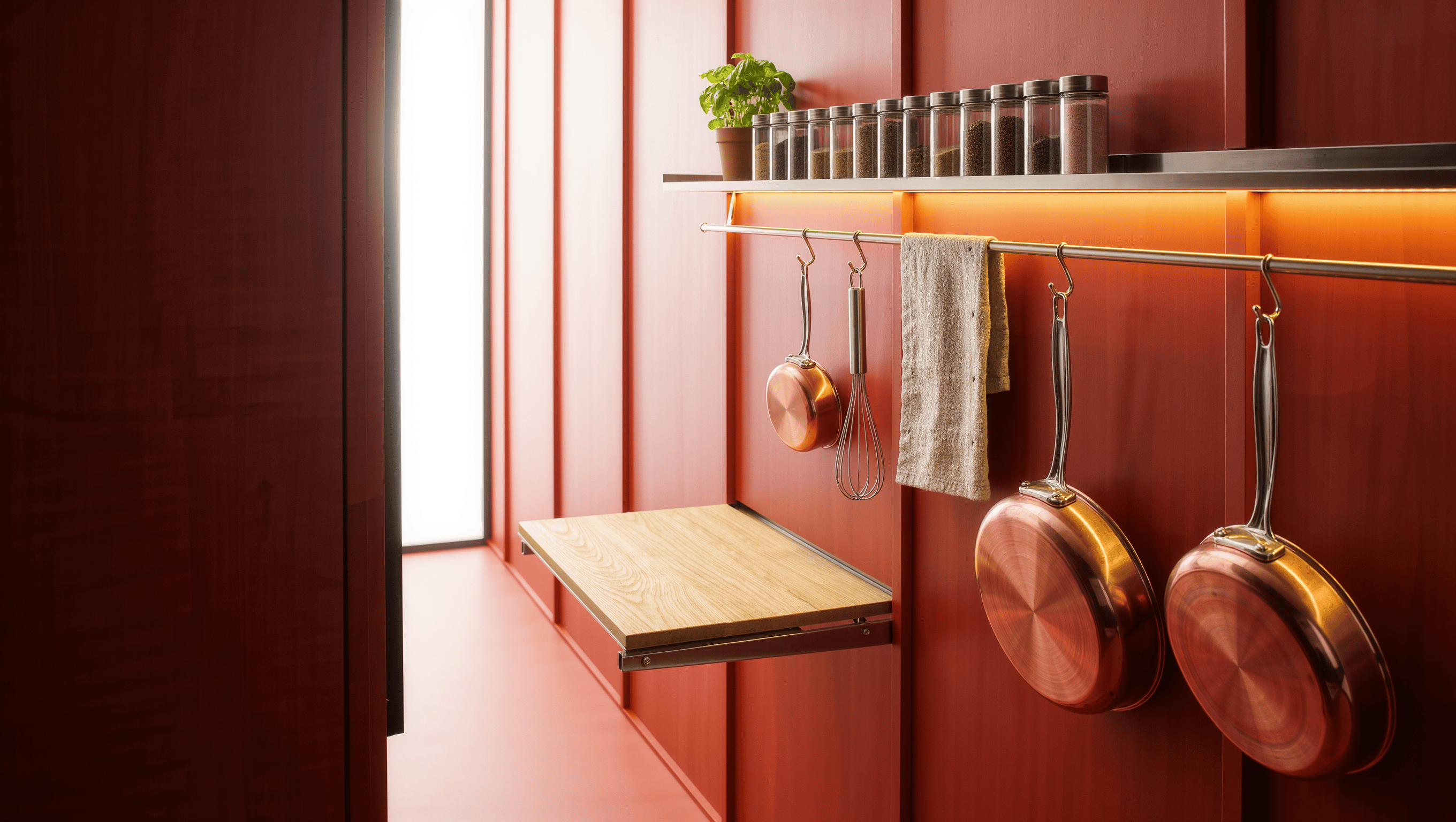 A narrow galley kitchen wall with a rail of copper pans, a slim spice shelf, and a fold-down oak flap table.