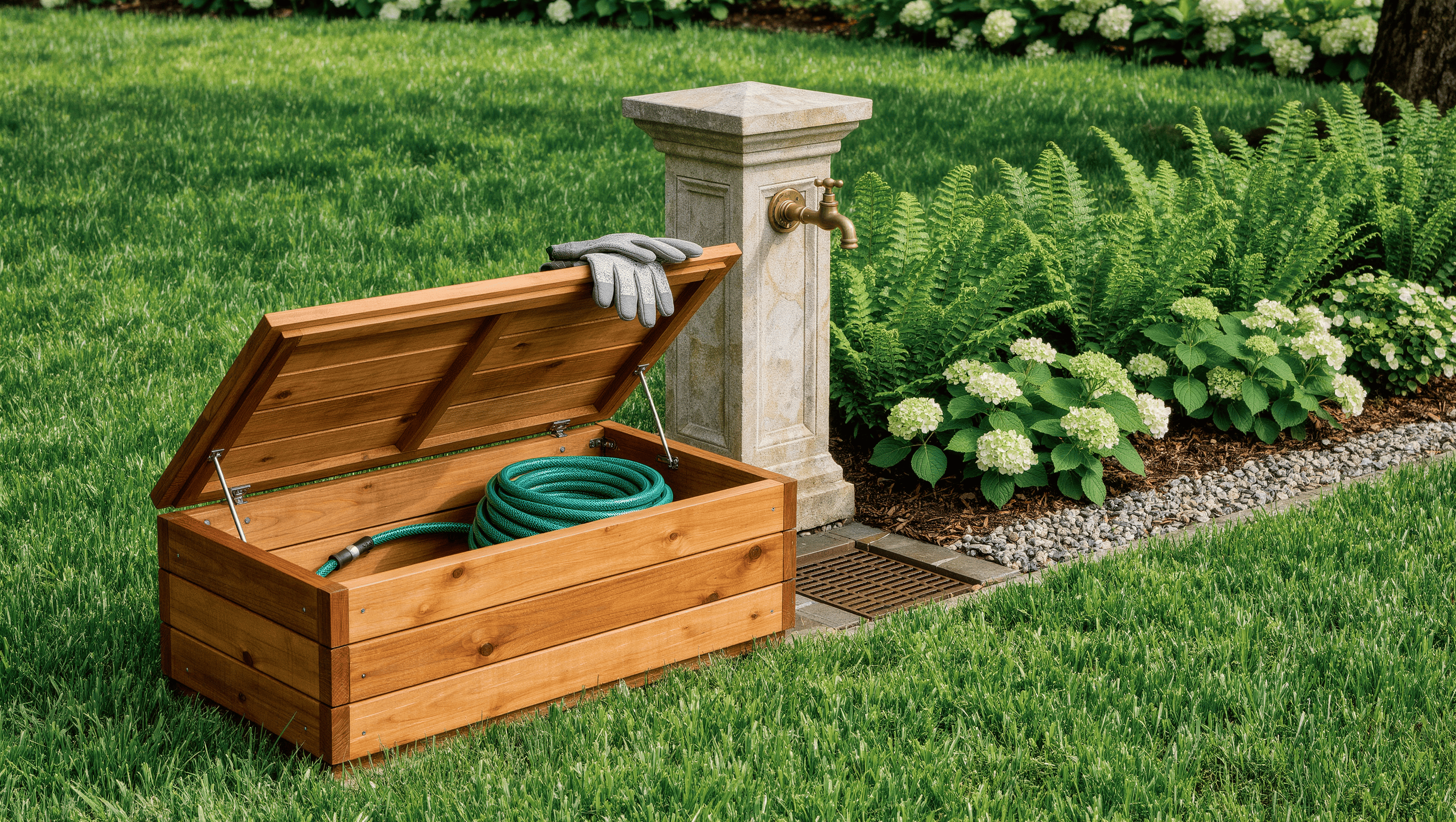 A garden corner where a cedar storage bench with its lid open reveals a coiled hose beside a brass tap, screened by ferns and hydrangeas.