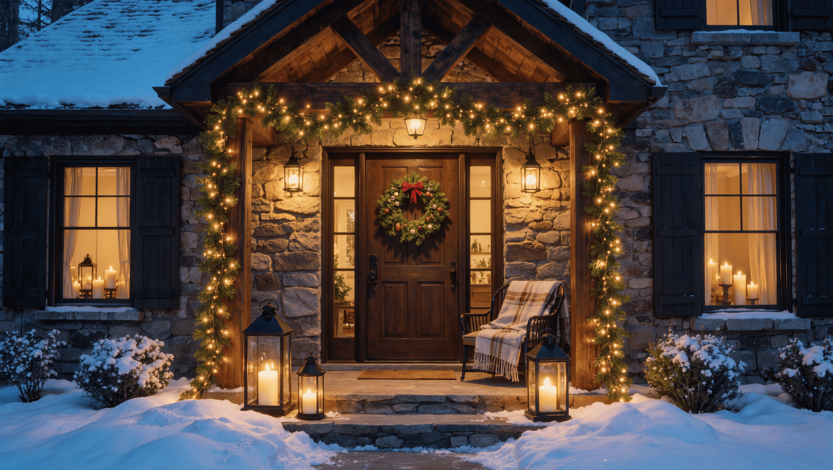 Stone house entrance in deep winter with a wreath, lit garland, glowing enclosed lanterns on the steps and snow on the roofline at blue hour.