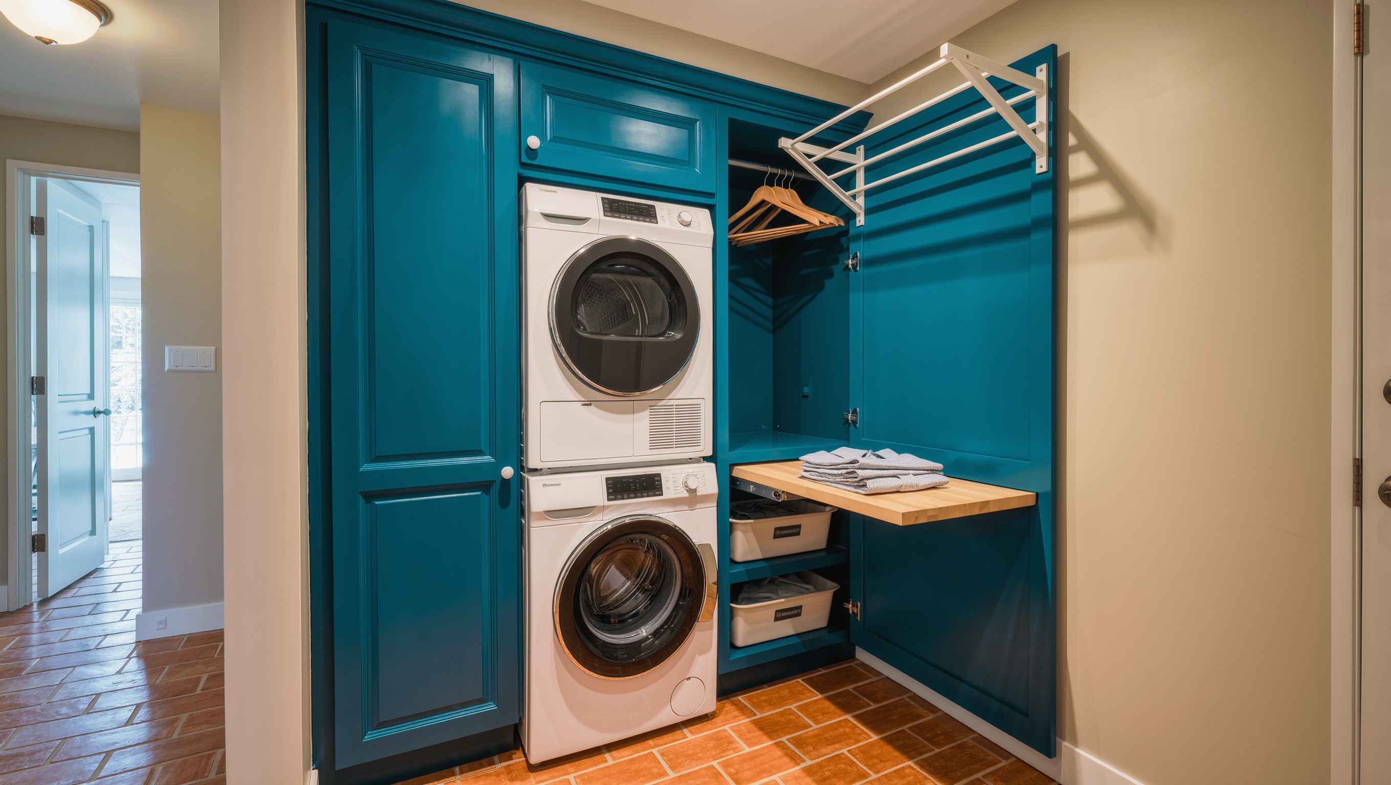 Compact laundry closet with stacked washer and dryer in a teal surround, extended pull-out folding shelf, and labeled sorting baskets