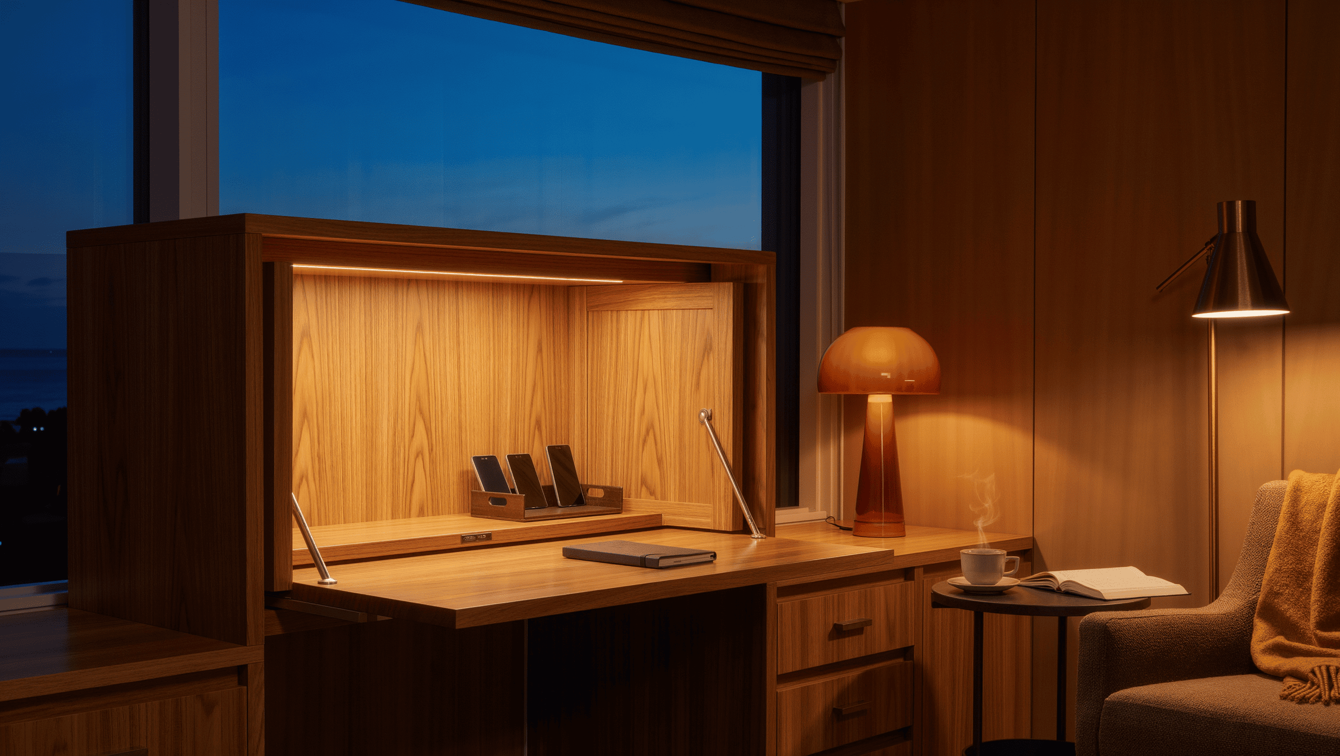 A home office at dusk with cabinets closed over the desk alcove, a cleared oak desktop, and warm lamps by an armchair.