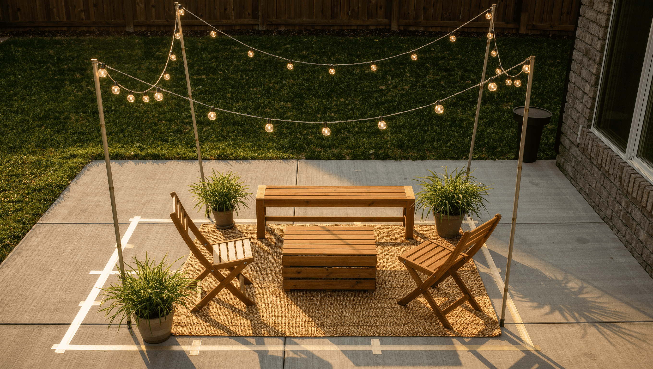 Patio seating arrangement being test-fitted with folding chairs, a crate coffee table, a jute rug, and cafe string lights at golden hour