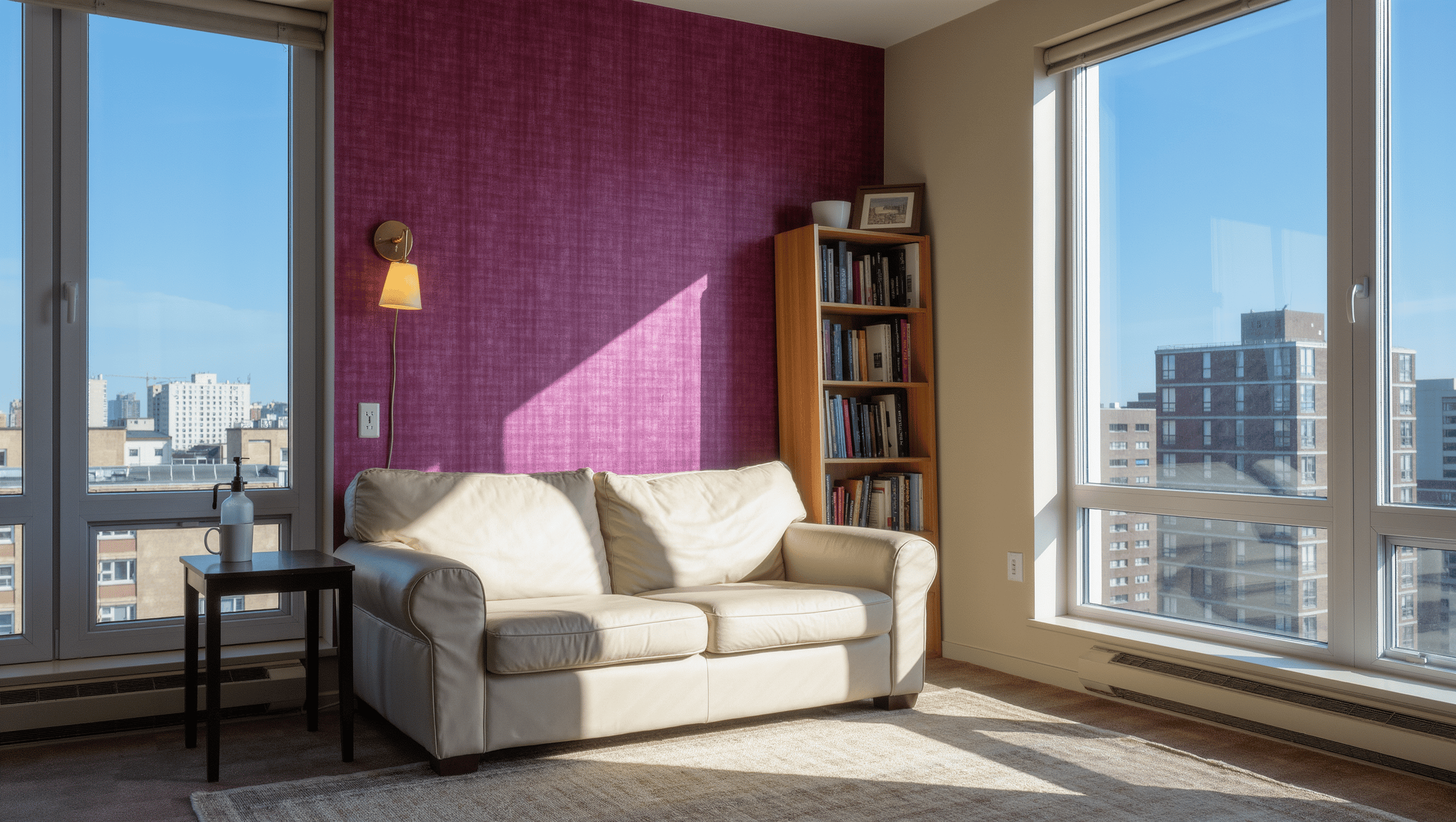 A rental living room with a plum peel-and-stick accent wall, a plug-in brass sconce beside a cream sofa, and freestanding oak shelving.