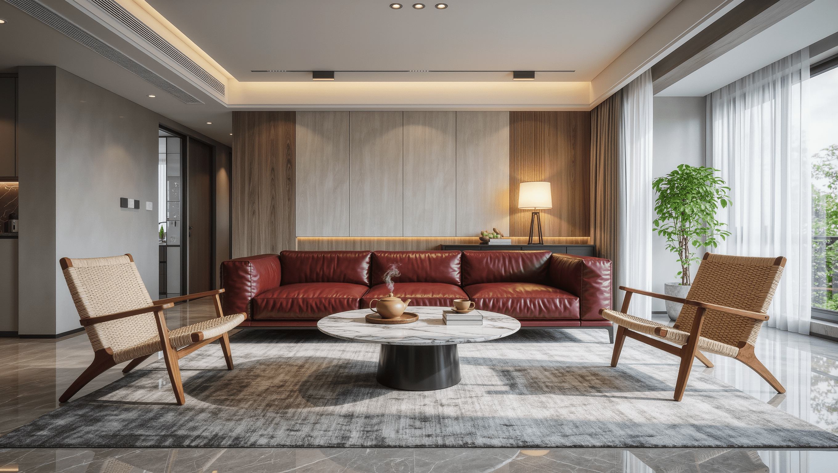 An oxblood leather sofa floated in the middle of a bright room, facing two woven chairs across a round marble coffee table.
