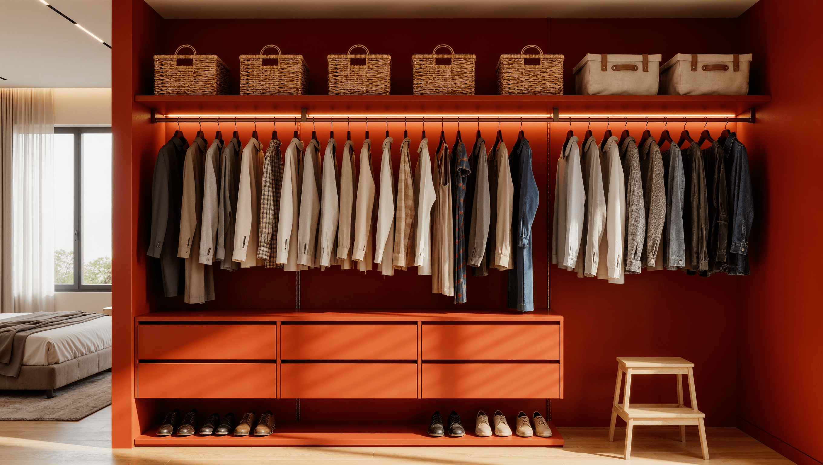 An organized closet with a high shelf of matching woven baskets above color-ordered hanging clothes and a folded step stool.