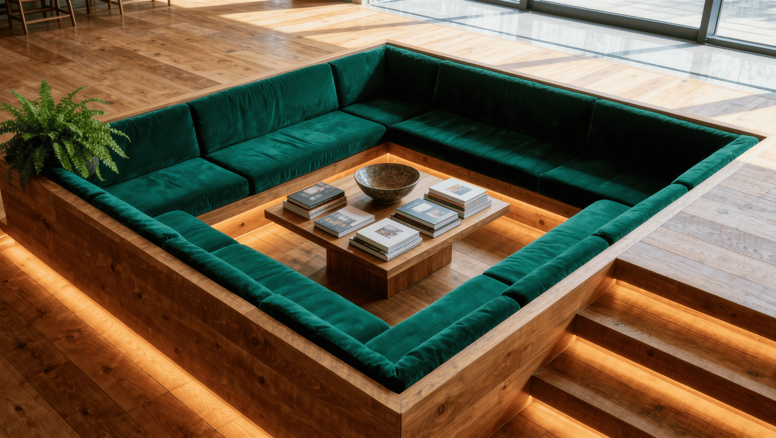 A sunken conversation pit with built-in green seating and wide oak steps lit by a continuous strip under each tread.