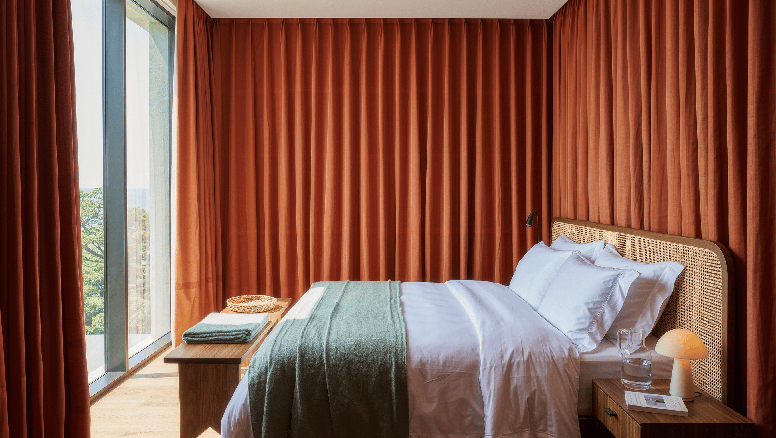 A bedroom with a cane headboard bed and terracotta curtains hung across the full wall to balance an off-center window.