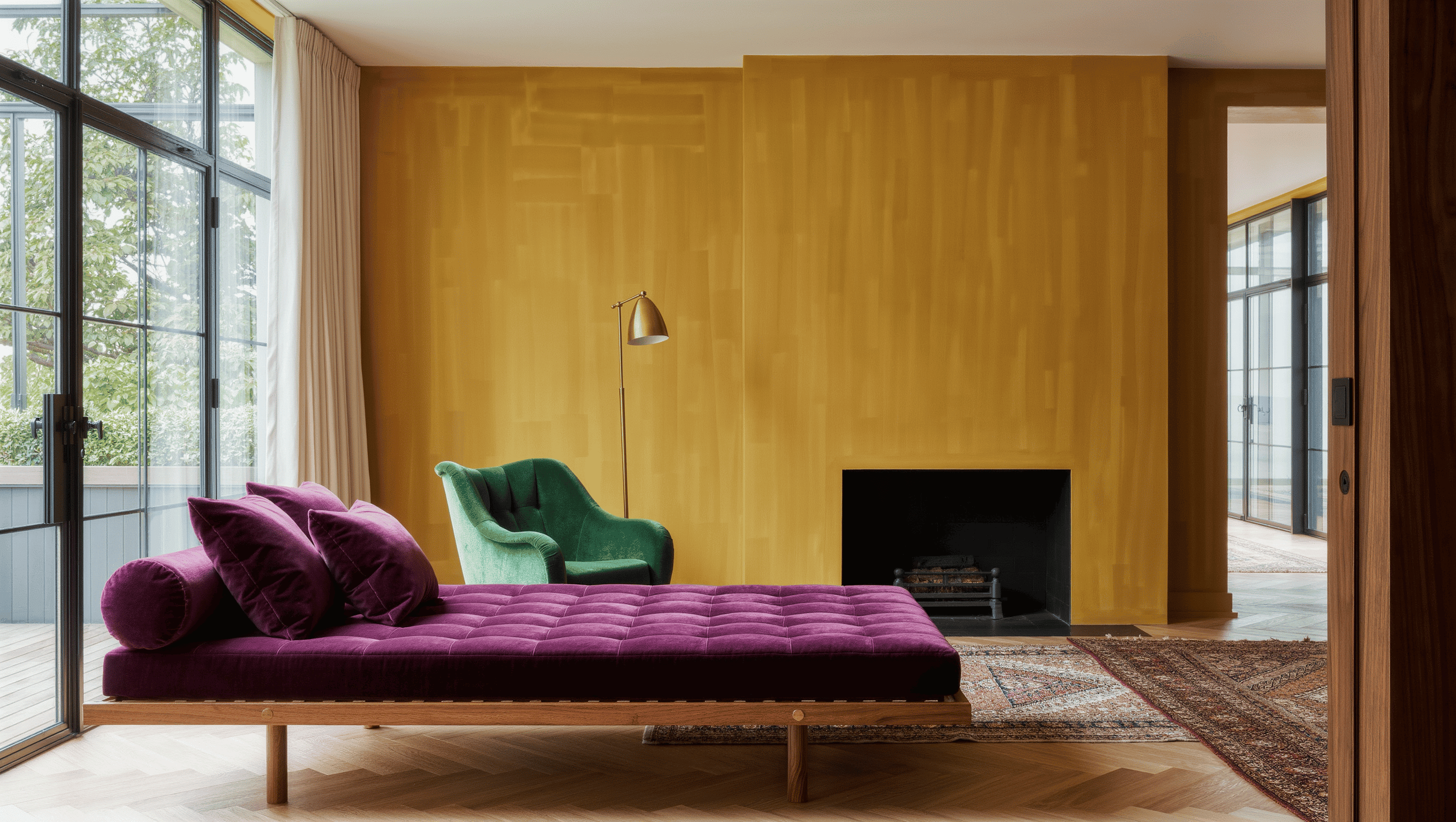 Large ochre living room split in two by a walnut-framed daybed with plum velvet cushions, usable from both sides, with layered vintage rugs.