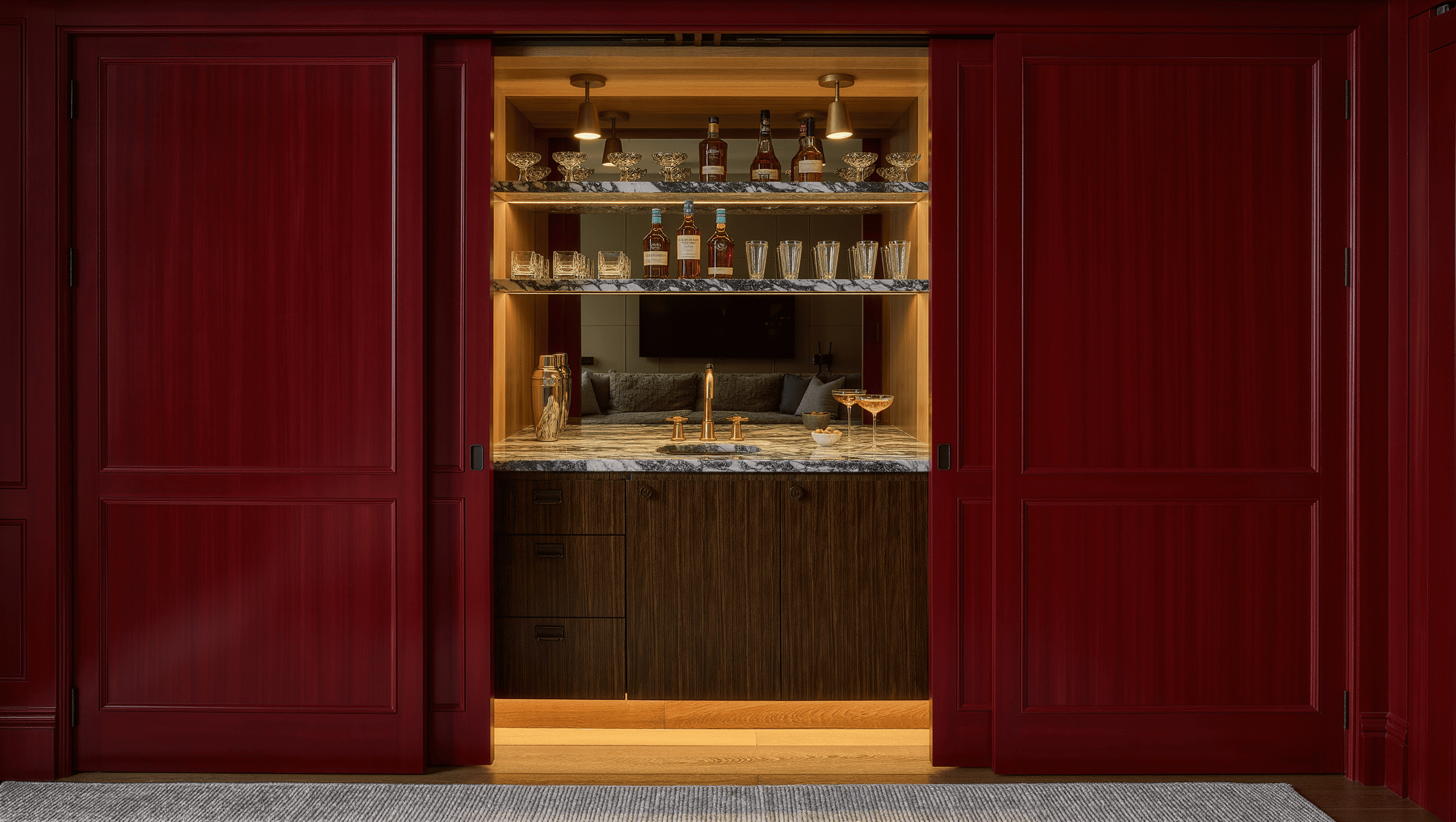 Oxblood pocket doors slid open to reveal a marble wet bar niche lit by LED shelf strips and small brass pendants in an evening room.