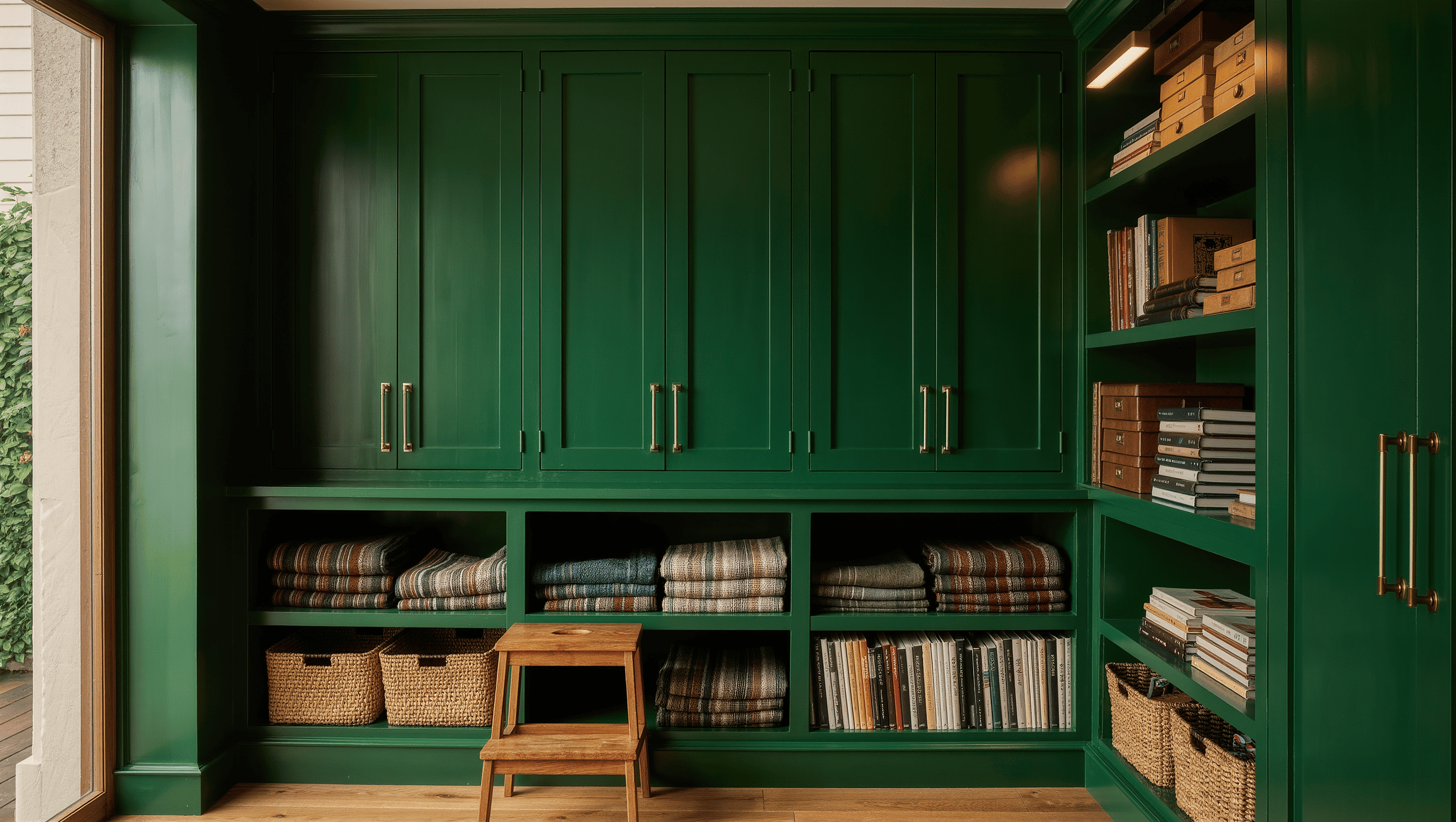 Full-height storage wall with closed green cabinets above and open easy-reach shelves below, with a step stool nearby