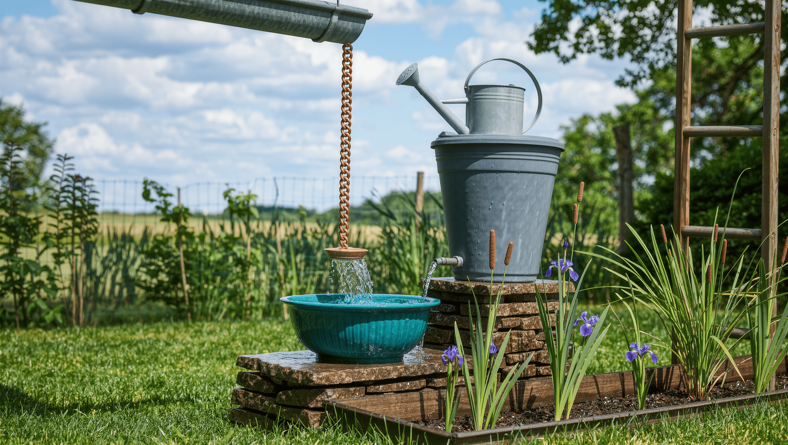 A copper rain chain feeding a teal basin beside a raised rain barrel whose overflow pipe waters a planted bed of irises and sedges.