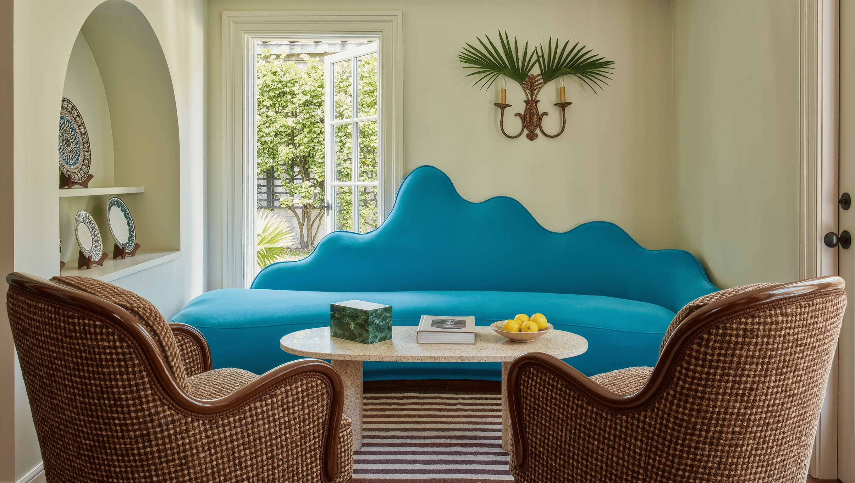 A sitting room with a wave-shaped sky-blue sofa balanced by brown-checked armchairs and chocolate trim in bright daylight.