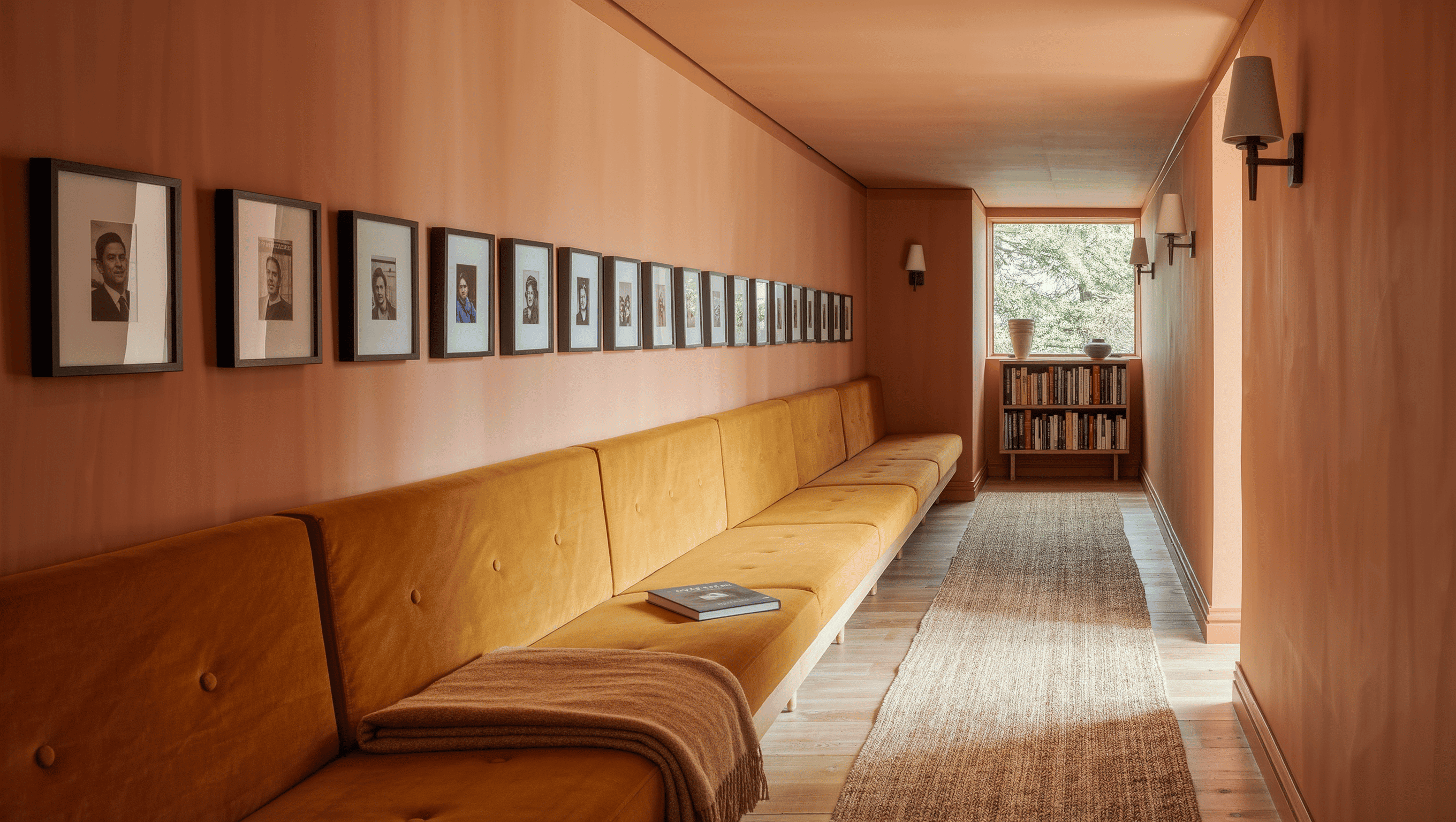 A wide hallway with a clear walking lane, an ochre bench, framed photography, and a slim bookcase at its end.