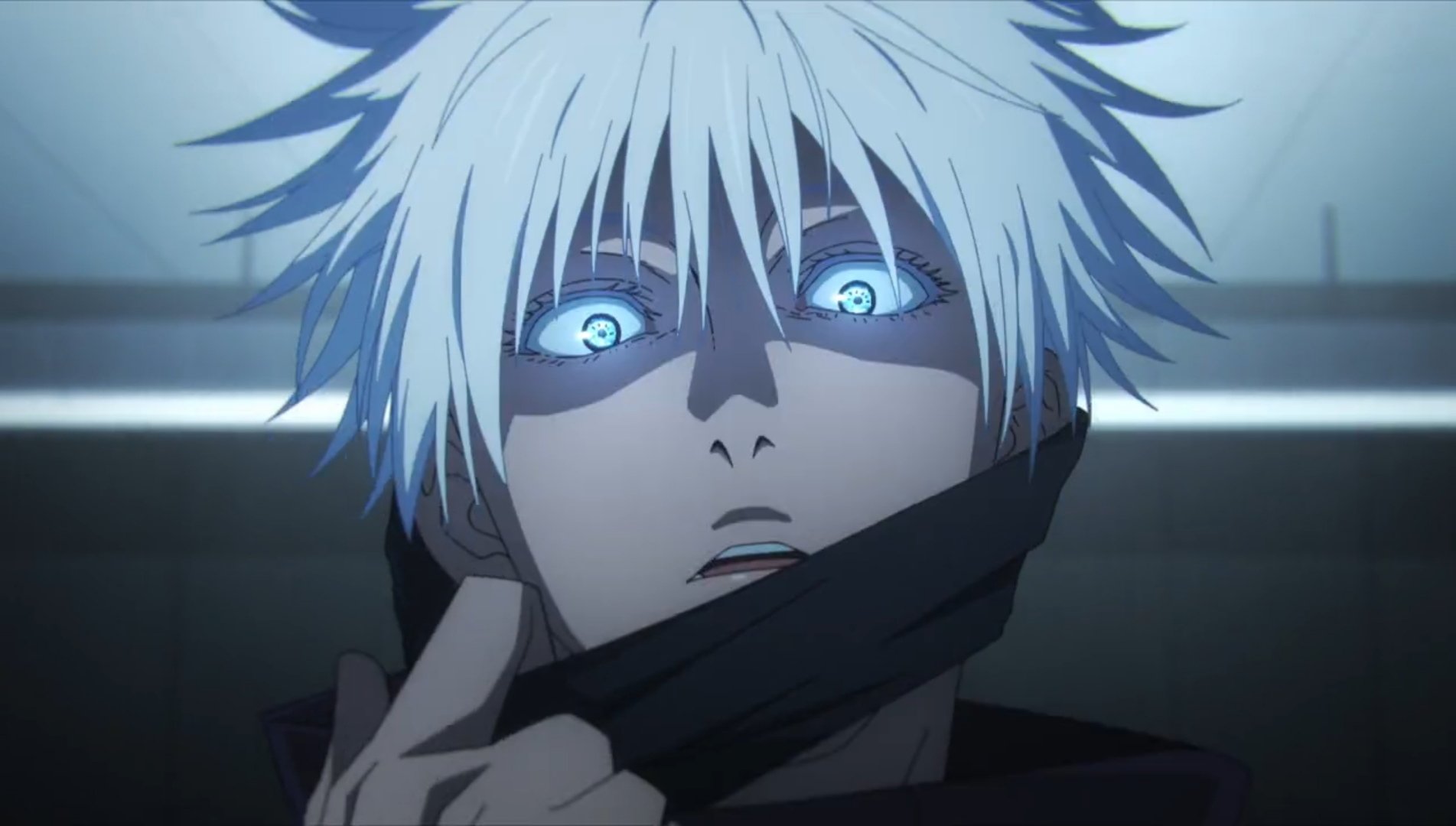 Satoru Gojo quitándose la venda de los ojos