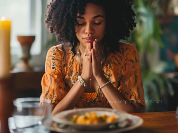 Keep It Tight Sisters photo of woman prayer for overeating, food addiction, and weight loss