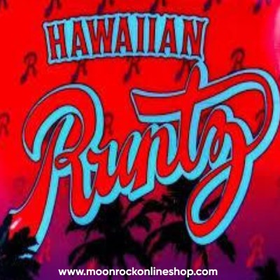 Hawaiian Runtz strain by Moonrock Online Shop – neon green cannabis buds with purple hues, sticky trichomes, and tropical fruit accents on packaging