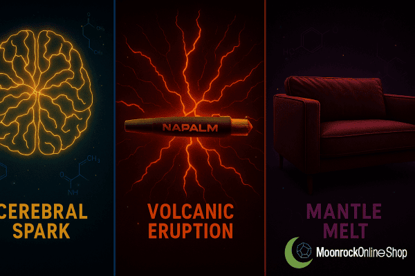 Buy Napalm strain online – visual effects timeline showing cerebral spark, volcanic eruption, and deep couch relaxation stages.