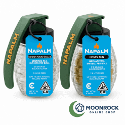 Buy Napalm Strain Online – Grenade-style cannabis pre-roll jars in London Pound Cake and Honey Bun, MoonrockOnlineShop branding on clean white background.