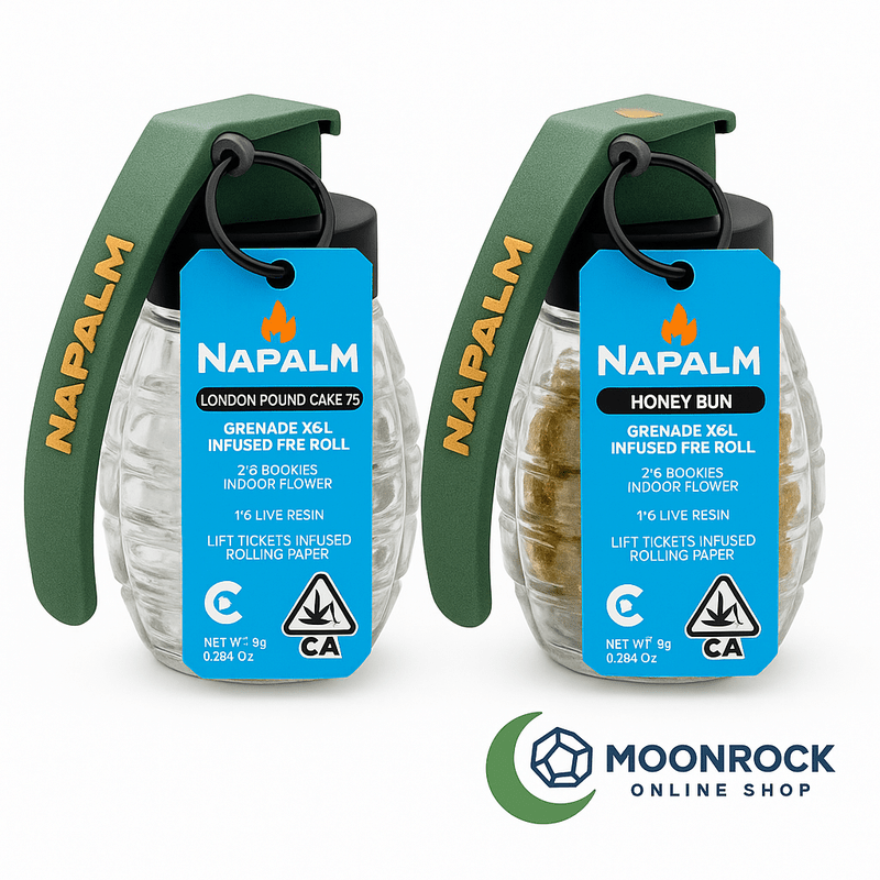 Buy Napalm Strain Online – Grenade-style cannabis pre-roll jars in London Pound Cake and Honey Bun, MoonrockOnlineShop branding on clean white background.