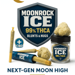 Moonrock Online Shop Moonrock Ice 99% THCA blunts and nugs banner with gold logo and ‘Next-Gen Moon High’ tagline.