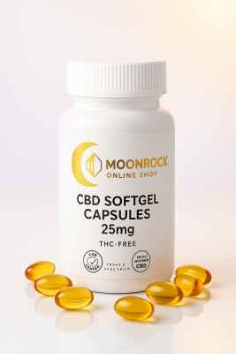 Moonrock CBD Softgel Capsules 25mg bottle with golden softgels on reflective surface, clean gradient background, THC-Free label visible.