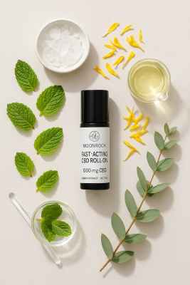 Moonrock Fast-Acting CBD Roll-On in a bright flat-lay with peppermint leaves, menthol crystals, arnica petals, eucalyptus sprigs, and carrier oil on pale stone background.