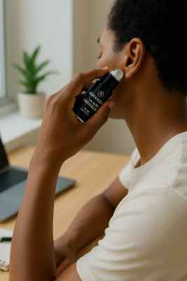 Lifestyle close-up of CBD roll-on used on the neck in a minimal, modern workspace with natural light.