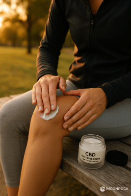 Person in activewear applying CBD pain relief cream with arnica and menthol to knee in park