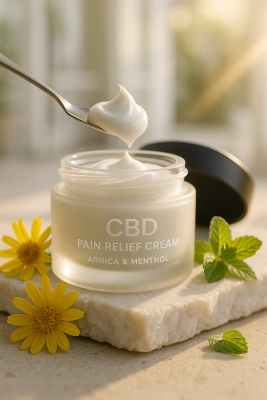 Luxurious jar of CBD pain relief cream with arnica and menthol on marble slab