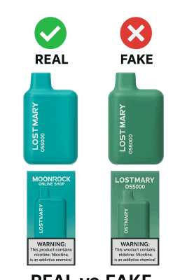 “Lost Mary OS5000 real vs fake comparison — genuine vs counterfeit packaging side-by-side | Moonrock Online Shop