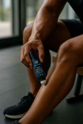 Product-in-action: CBD roll-on gliding on the calf at a modern gym/park bench—focused, restorative post-run routine.