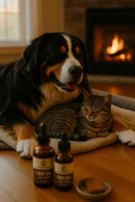 Bernese Mountain Dog relaxing with a calm tabby cat by a fireplace; blurred Moonrock Pet CBD Oil bottles in the foreground.