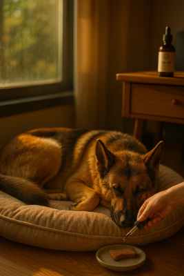 Post-storm calm scene—German Shepherd resting by a sunlit window with an empty CBD oil bottle on a small table.