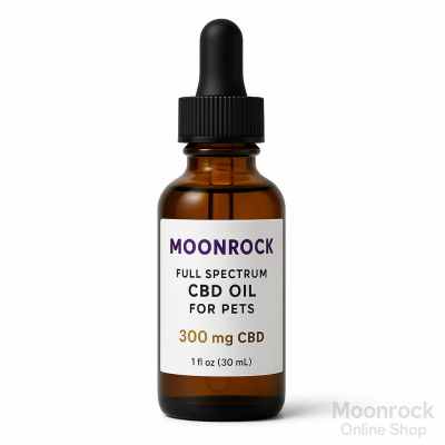 amber glass dropper bottle of moonrock full spectrum cbd oil for pets on pure white background, studio lighting, sharp focus