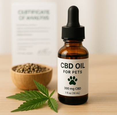 PET CBD oil product on natural wood—dropper bottle beside organic hemp seeds and leaf; COA visible softly behind.