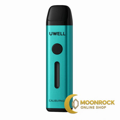 Turquoise refillable pod vape standing upright on a pure white background with Moonrock Online Shop logo