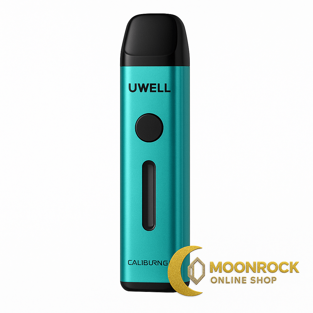 Turquoise refillable pod vape standing upright on a pure white background with Moonrock Online Shop logo