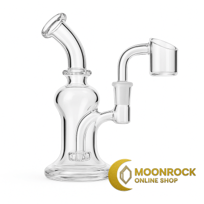 Clear glass mini recycler dab rig with flat-top quartz banger on a white background