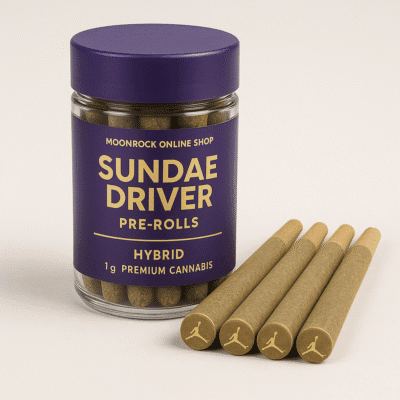 Luxury product photo of Sundae Driver cannabis pre-rolls by Moonrock Online Shop with custom gold filter tips and premium purple-gold jar packaging on a white background.