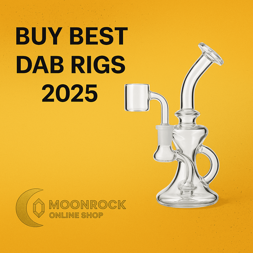 Clear glass dab rig displayed against a gold background with bold text reading “Buy Best Dab Rigs 2025” and Moonrock Online Shop logo