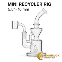 Clear 5.5-inch mini recycler dab rig with flat-top quartz banger on white background