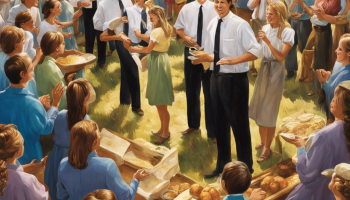 An image depicting two groups of people engaged in distinct activities: Mormons dressed in conservative attire, engaging in community service, while Baptists dressed casually, immersed in lively worship with raised hands and vibrant music