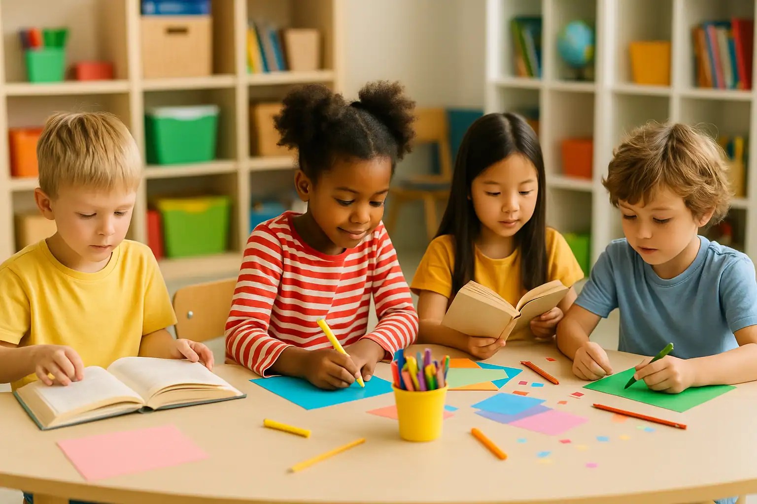 Kids doing crafts and reading