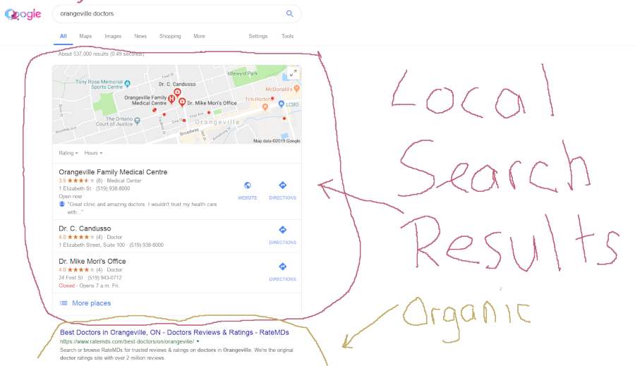 screenshot of google local search results for search term local doctors orangeville