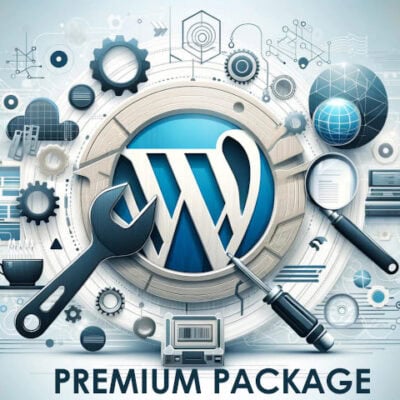graphic with wordpress logo surrounded by depictions of tools with text 'premium package'