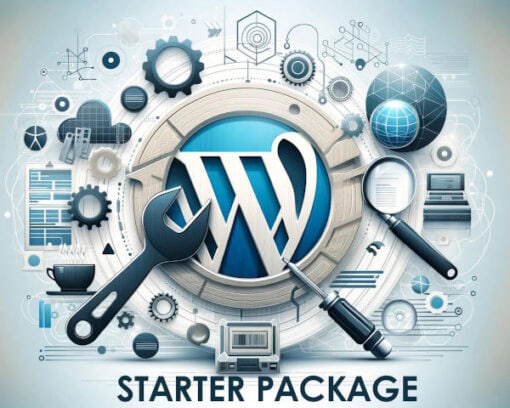 image of wordpress logo surrounded by depition of tools with text 'starter package'